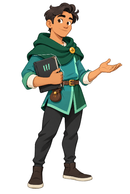 Reeve, the original look: green hood, tally notebook in hand