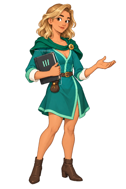 Reeve, the second look: green hood, tally notebook in hand